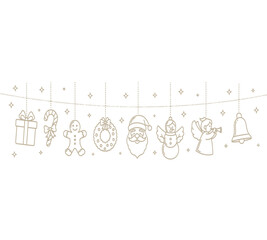 Illustration of golden christmas decoration garland with gift, candy cane, bauble, gingerbread man, santa claus, snowman, angel, bell and sock ornaments