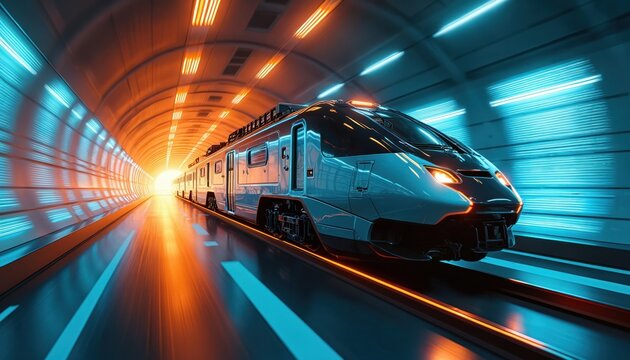Sleek high speed train moves fast in futuristic tunnel. Modern railway transportation creates motion blur. Advanced tech urban transit travels with bright neon lights, symbolizing progress.