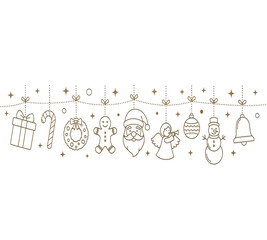 Illustration of golden christmas decoration garland with gift, candy cane, bauble, gingerbread man, santa claus, snowman, angel, bell and sock ornaments