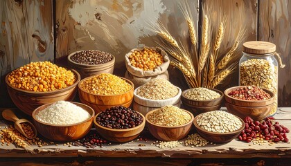 A captivating tableau of diverse grains and pulses arranged in rustic wooden bowls