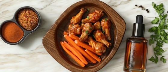 Delicious Carrot and Chicken dish on Wooden Platter