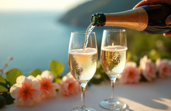 Champagne is poured into wine glasses with scenic sea view. Bubbly drink is served with flowers for celebration event. Luxury alcohol beverage poured from bottle for romantic toast.