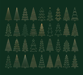 Illustration of elegant christmas trees collection a set of 35 golden line art trees on a dark green background for festive designs and holiday decorations