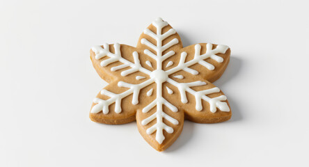 Delicious gingerbread snowflake cookie with intricate white icing, perfect for holiday baking promotions, festive dessert ads, or cozy Christmas content