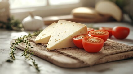 Fresh Cheese and Tomato Slices on Cutting Board