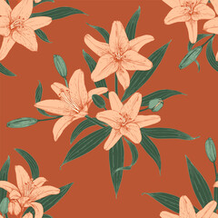 Orange lily pattern. Floral design in orange and green.