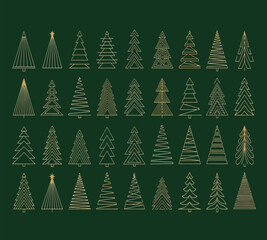 Illustration of elegant christmas trees collection a set of 35 golden line art trees on a dark green background for festive designs and holiday decorations