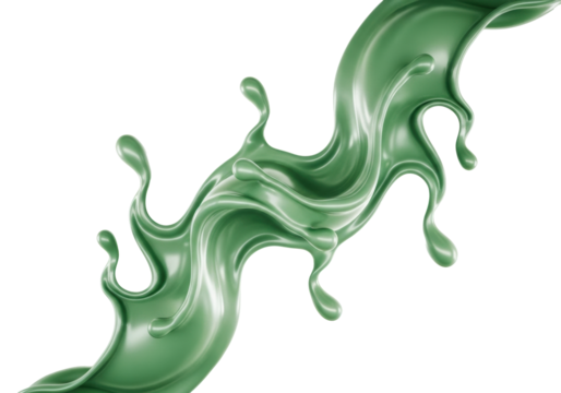 Dynamic emerald green liquid splash, viscous and creamy, elegant swirls, suspended droplets, pearly sheen, on a transparent studio background with copy space, concept for luxury advertising