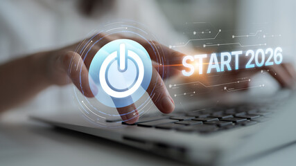 Start 2025 concept with futuristic power button symbolizing fresh beginnings, innovation, and...