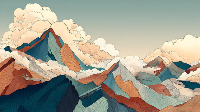 Stylized mountain range with clouds and sky mountains panoramic - Powered by Adobe
