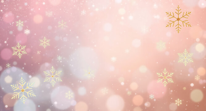 A soft and dreamy background featuring golden snowflakes and bokeh lights creates a magical winter scene
