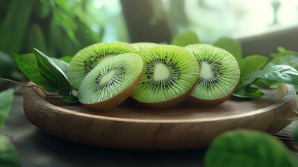 Fresh Kiwi Slices on Wooden Surface