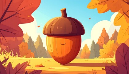Cartoon acorn with a happy face stands in a field of autumn leaves against a blue sky and distant trees