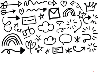 Collection of hand drawn doodle icons and symbols including arrows clouds rainbows and hearts on white background