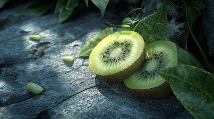 Freshly sliced kiwi on stone surface