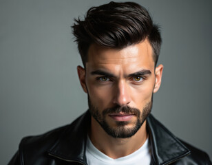 Obraz premium Young man with styled dark hair and beard. He wears black leather jacket and white t-shirt. Confident look, studio portrait, gray background.