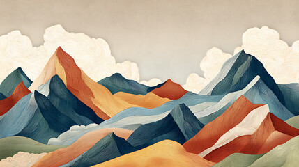 Stylized mountain range with textured peaks and flowing clouds mountains landscape