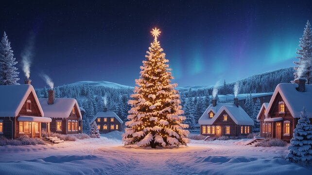 Winter Scene with Houses and a Christmas Tree - Powered by Adobe