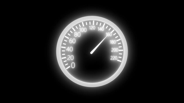 Neon glowing speedometer with needle pointing animation on black background