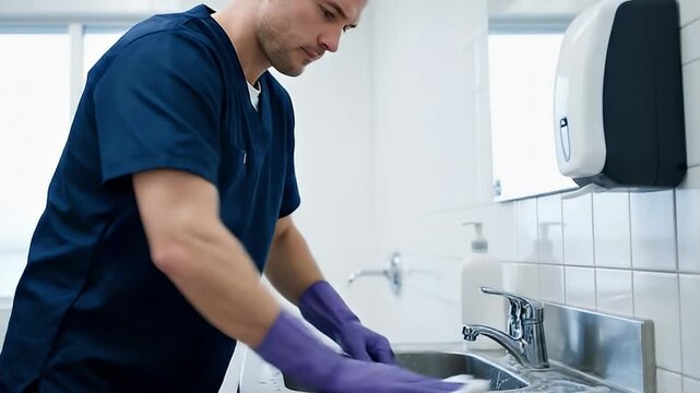 Man in scrubs wiping down sink to maintain hygiene in restroom setting