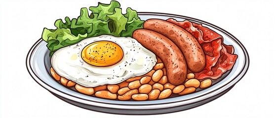 Savory side view of fried eggs, sausages, and beans