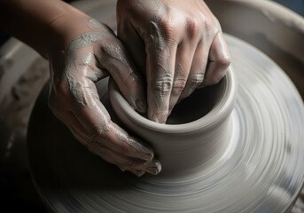 Woman potter forming clay on wheel. Hands shaping ceramic pot. Traditional craft art pottery for creative handmade products.