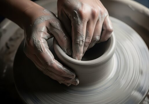 Woman potter forming clay on wheel. Hands shaping ceramic pot. Traditional craft art pottery for creative handmade products.