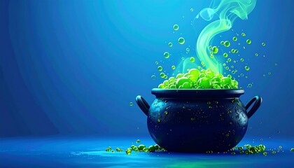 Bubbling green potion spills from a dark cauldron against a blue backdrop, exuding mystical vibes