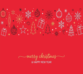 Illustration of charming merry christmas and happy new year background with hand drawn ornaments, snowflakes, gifts, and trees on a deep red background ideal for festive cards