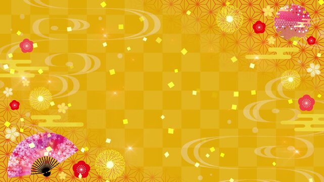 和柄　ループ動画　市松模様　麻の葉　文様　枠　和　飾り　和風　年賀　正月　お歳暮　初売り　和モダン　縁起物　豪華　高級感　キラキラ　扇子　梅の花　菊　扇　Japanese pattern.Celebration background,New Year,Wedding.Loop video.