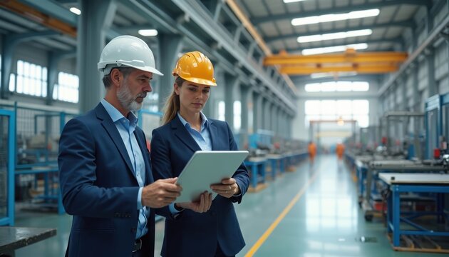 Two engineers discuss project at solar panel factory. Man and woman in helmets look at tablet. They examine data at manufacturing facility for renewable energy. Business meeting about tech.