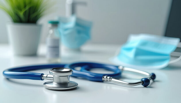 Doctor stethoscope and medical face masks arranged on a clean desk. Vial with liquid and green plant in pot nearby suggest clinic or hospital setting.