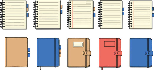 cad drawing flat vector illustration, spiral notebooks, journals planners, office stationery, study supplies, colorful covers, blank pages, writing tools collection