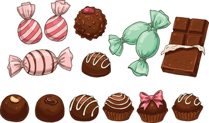Candy chocolate illustration, sweet dessert vector, confectionery artwork design, wrapped candy drawing, truffle bonbon artwork, delicious food artwork collection