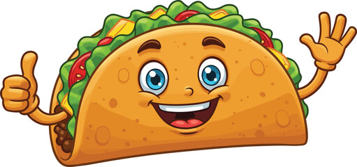 Cartoon taco character smiling face, cute Mexican food mascot, vector illustration, thumbs up gesture, fun fast food design artwork