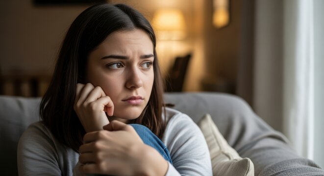 Closeup of a thoughtful teenage girl sitting on couch, looking aside through window. During emotional stress she feels lonely, reflecting after breakup and personal problems. - Powered by Adobe