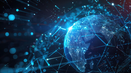 Holographic globe surrounded by glowing data streams, symbol of global connection, innovation, and artificial intelligence