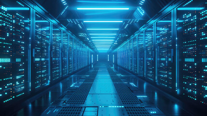 Fototapeta premium Futuristic glowing data center with endless server racks and blue lights, concept of digital infrastructure and cloud technology