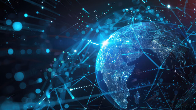 Holographic globe surrounded by glowing data streams, symbol of global connection, innovation, and artificial intelligence - Powered by Adobe