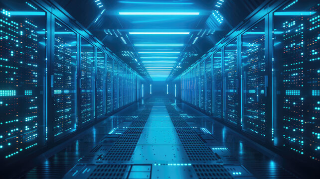 Futuristic glowing data center with endless server racks and blue lights, concept of digital infrastructure and cloud technology