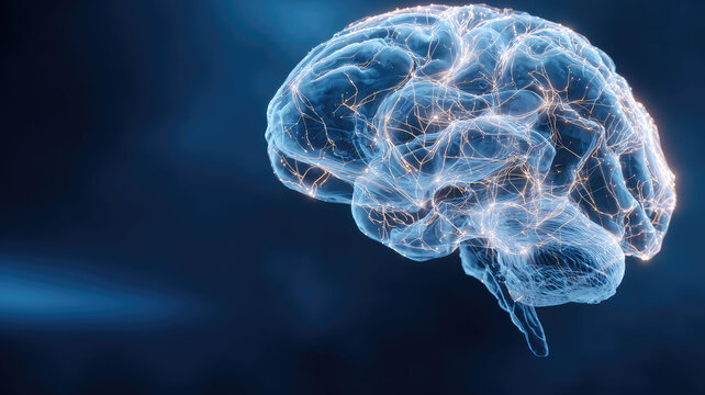 3D digital brain with neural network connections and glowing lines, representing AI intelligence and data technology