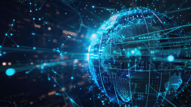 Holographic globe surrounded by glowing data streams, symbol of global connection, innovation, and artificial intelligence