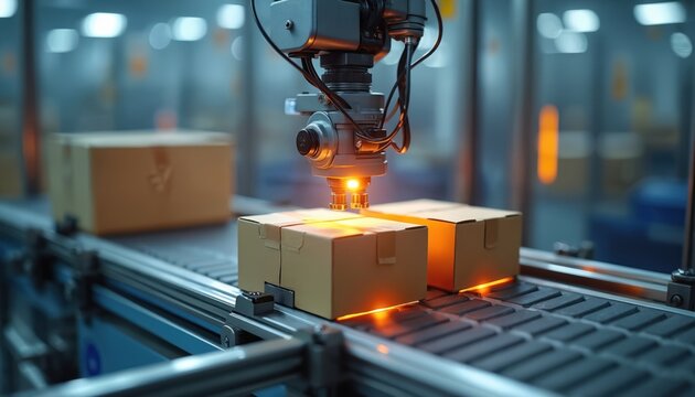 Automated packaging machine seals cardboard boxes in factory environment. Manufacturing process involves industrial equipment. Production line tech optimizes efficiency. Modern tech offers smart - Powered by Adobe