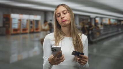 Young woman holding smartphone and creditcard with visible hands near kiosks and a moving walkway in airport terminal, pouting while checking phone; frustration. - Powered by Adobe
