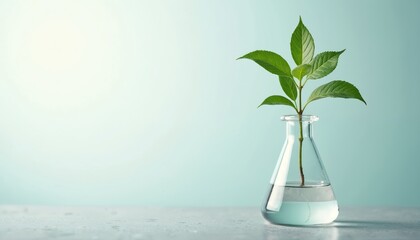 Fresh green plant grows inside clear glass conical flask with water on light background. Image eco friendly science, sustainable innovation, natural research for better future. Shows chemistry,