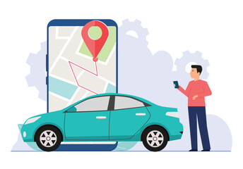 Man with auto finding road directions using navigation applications. Geolocation, navigation, car rental concept