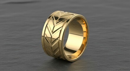 Fototapeta premium Elegant gold ring with chevron pattern on dark surface