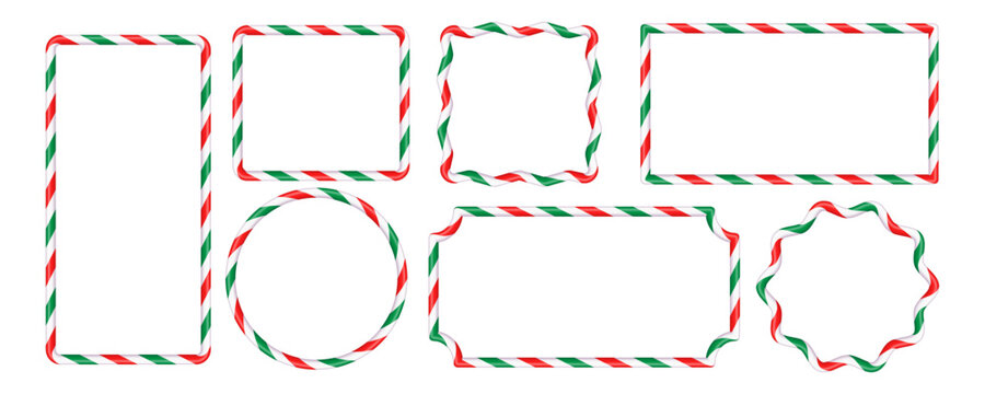 Wavy scallop frames with Christmas candy canes, red white green striped design, holiday vector elements for text decoration