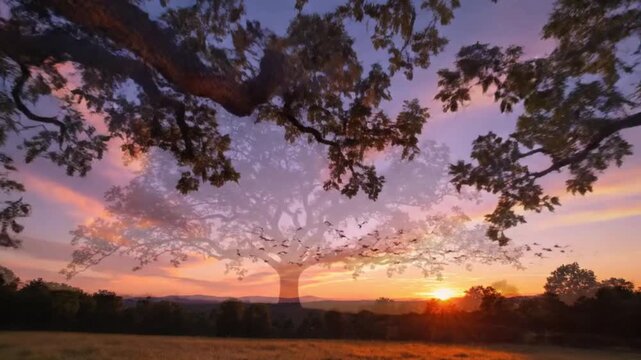 A magnificent, ancient tree stands prominently in the foreground, silhouetted against a breathtaking sunset sky, painted with vivid hues of orange, pink, and purple. A graceful flock of birds flies ac