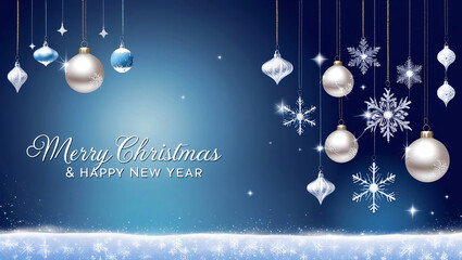 Luxury Blue Christmas Scene Featuring Golden and Silver Ornaments, Snowflakes, and Magical Winter Night Glow